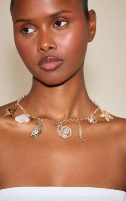 PrettyLittleThing Gold Multi Shell Pendant Layered Chain Necklace – Coastal Boho Accessory