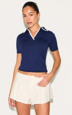 Prettylittlething Navy Knitted Contrast Polo Collar Top
