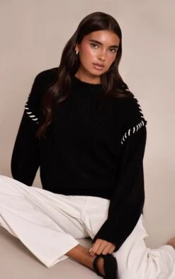 Black Blanket Stitch Knit Sweater -FRAME Clothing Shop 2f3ab1cee55a46a8502ad2d611fe4fa3cd953e05 CNN9616 3 black blanket stitch knit jumper