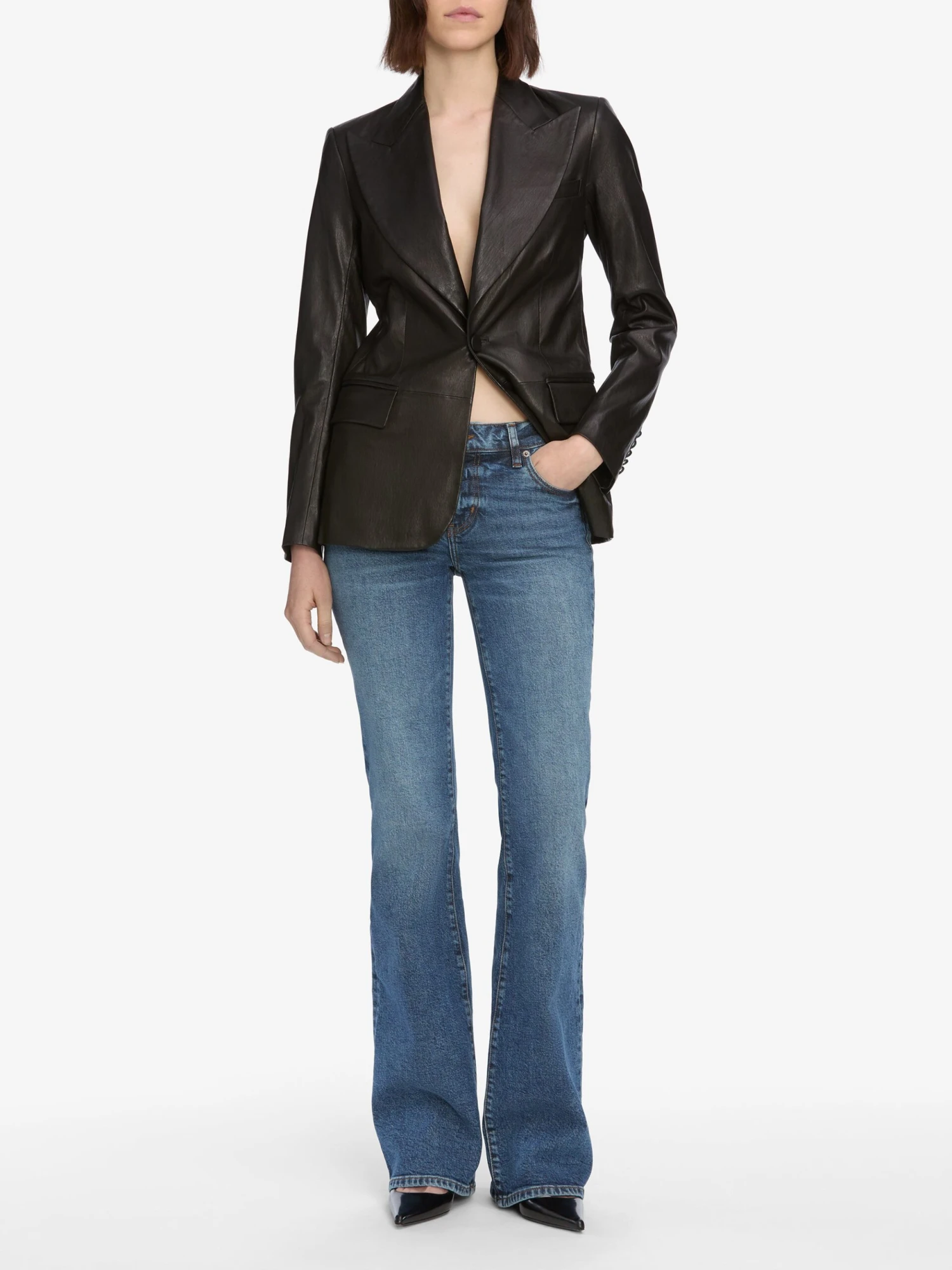 The Peak Lapel Leather Blazer -- Black 2 The Peak Lapel Leather Blazer -- Black - Image 2