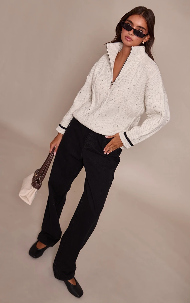 Light Grey Speckled Cable Knit – Zip Detail Striped Hem Oversized Sweater - Image 3