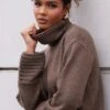 Prettylittlething Chocolate Textured Knit Roll Neck Oversized Sweater