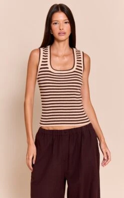 Brown Scooped Neck Striped Rib Knit Vest