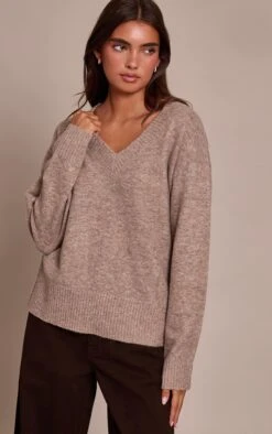 Prettylittlething Taupe V Neck Knitted Sweater -FRAME Clothing Shop 34c9ae229ae2495d324b3e6e7db75fa129b260cf CNN6376 4 taupe v neck knitted jumper