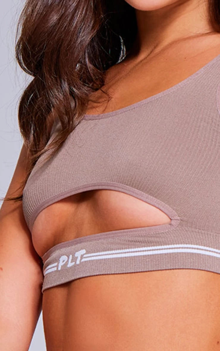 PRETTYLITTLETHING Mocha Seamless Rib Cut Out Bralette 4 PRETTYLITTLETHING Mocha Seamless Rib Cut Out Bralette - Image 4