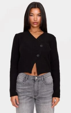 Prettylittlething Black Knit Asymmetric Button Up Cardigan