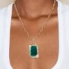 PrettyLittleThing Gold Curb Chain with Rectangular Green Pendant – Statement PLT Label Choker Necklace