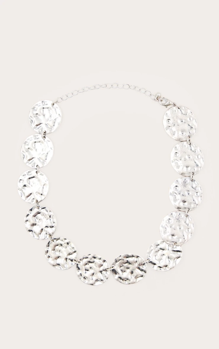PrettyLittleThing Silver Hammered Disc Statement Necklace - Textured Choker Design 2 PrettyLittleThing Silver Hammered Disc Statement Necklace - Textured Choker Design - Image 2