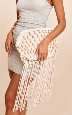 PrettyLittleThing Cream Beaded Weave Artisanal Clutch Bag - Large Evening Envelope Bag