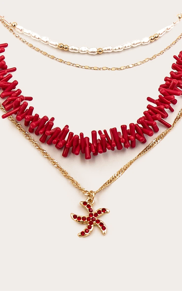 PrettyLittleThing Red and Pearl Layered Gold-Tone Chain – Starfish Pendant Statement Necklace 3 PrettyLittleThing Red and Pearl Layered Gold-Tone Chain – Starfish Pendant Statement Necklace - Image 3