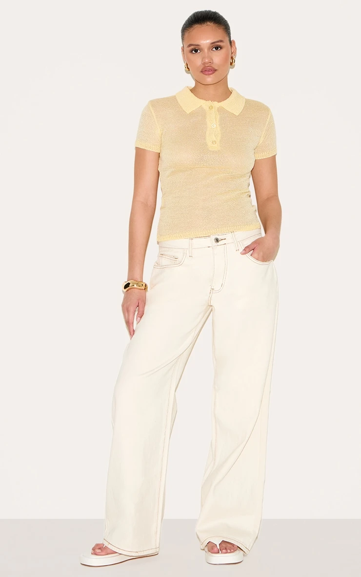 Prettylittlething Yellow Sheer Knit Polo Top 3 Prettylittlething Yellow Sheer Knit Polo Top - Image 3