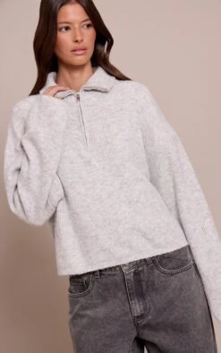 Grey Half Zip Soft Knit Sweater