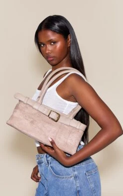 PrettyLittleThing Mushroom Faux Suede Belted PU Detail Elongated Shoulder Bag