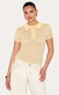 Prettylittlething Yellow Sheer Knit Polo Top