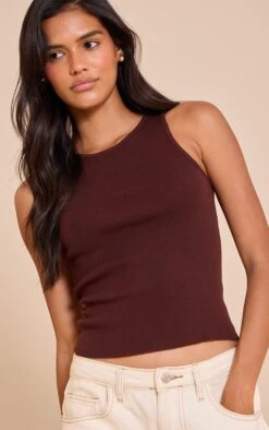 Prettylittlething Chocolate Ribbed Fine Knit – Racer Neck Sleeveless Vest Top