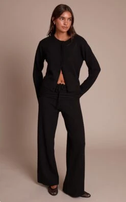 Prettylittlething Black Rib Soft Knit Fold Over Pant