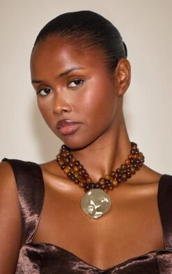 PrettyLittleThing Smokey Brown Resin & Gold Multi-Layered Textured Pendant Necklace