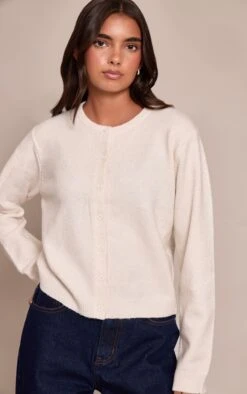 Prettylittlething Cream Round Neck Knit Cardigan