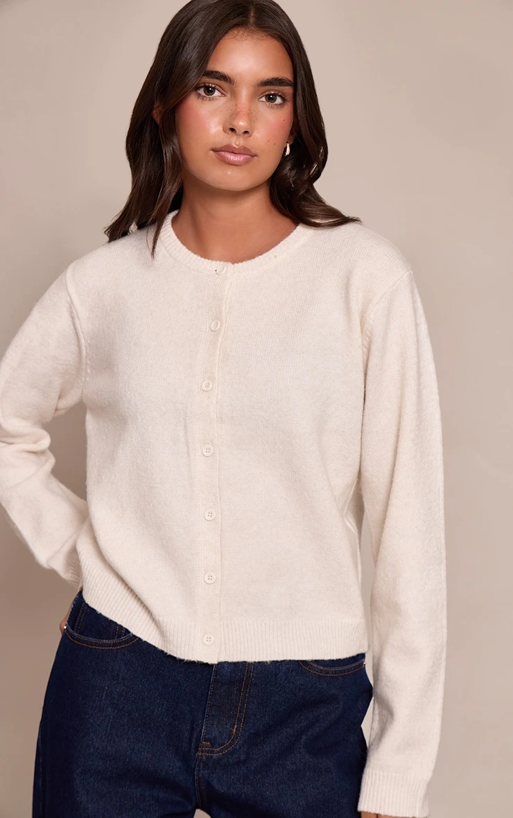 PrettyLittleThing Cream Round Neck Knit Cardigan - Cropped Button-Front Essential 1 PrettyLittleThing Cream Round Neck Knit Cardigan - Cropped Button-Front Essential