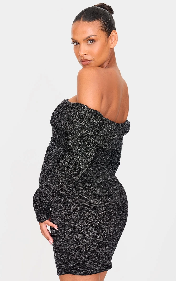 PrettyLittleThing Maternity Black Glitter Bardot Mini Dress – Long Sleeve Shimmer Bodycon 2 PrettyLittleThing Maternity Black Glitter Bardot Mini Dress – Long Sleeve Shimmer Bodycon - Image 2