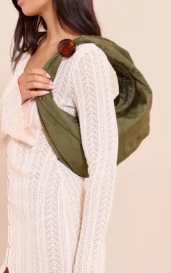 PrettyLittleThing Olive Faux Suede Shoulder Bag with Beaded Handle – Deep Green Chic Minimalist Handbag