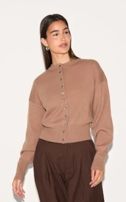Prettylittlething Taupe Compact Knit Button Through Cardigan
