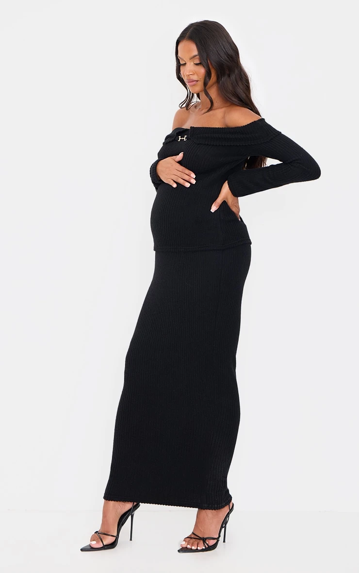 Prettylittlething Maternity Black Brushed Rib Buckle Detail – Off The Shoulder Long Sleeve Top 3 Prettylittlething Maternity Black Brushed Rib Buckle Detail – Off The Shoulder Long Sleeve Top - Image 3