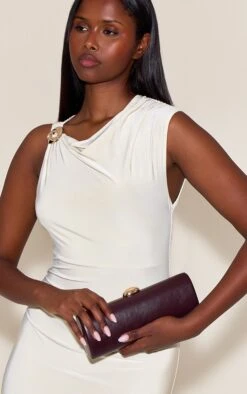 PrettyLittleThing Chocolate Brown Pebble Textured PU Hard Clutch Bag