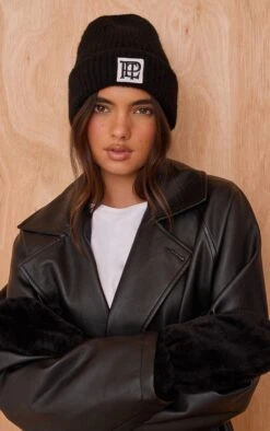 Prettylittlething PLT Logo Black Brushed Knit Fold Over Beanie