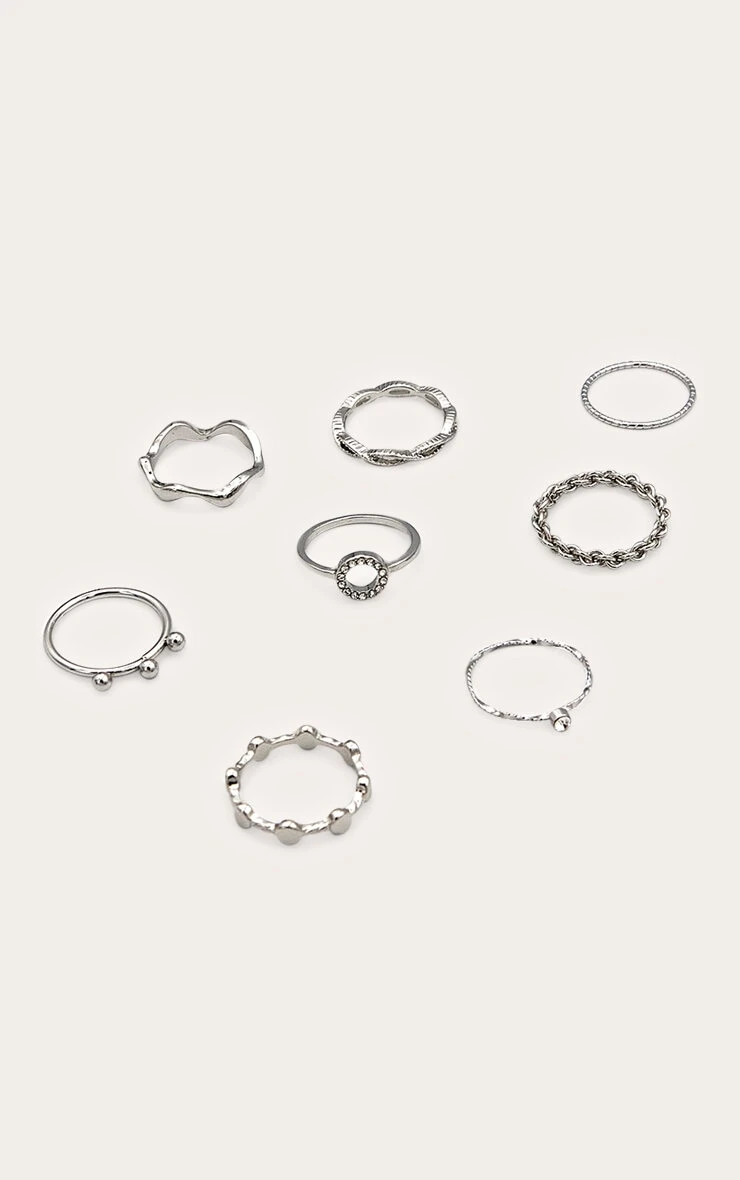 Prettylittlething Silver Assorted Geometric & Twist Detail Stackable Ring Set 2 Prettylittlething Silver Assorted Geometric & Twist Detail Stackable Ring Set - Image 2