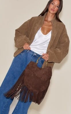 Prettylittlething Chocolate Fringe Metal Handle Slouchy Tote Bag