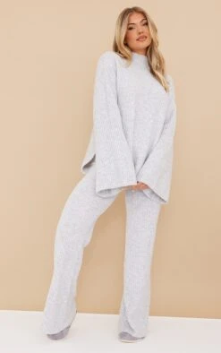 Prettylittlething Grey Luxe Rib Knit Wide Leg Pants