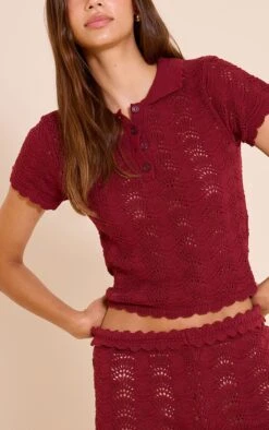 Prettylittlething Burgundy Crochet Polo Neck Top -FRAME Clothing Shop 550b61e727de5feb6fe67dd0ea7aa7ea7e79f42b CNN6395 4 plum crochet polo neck top