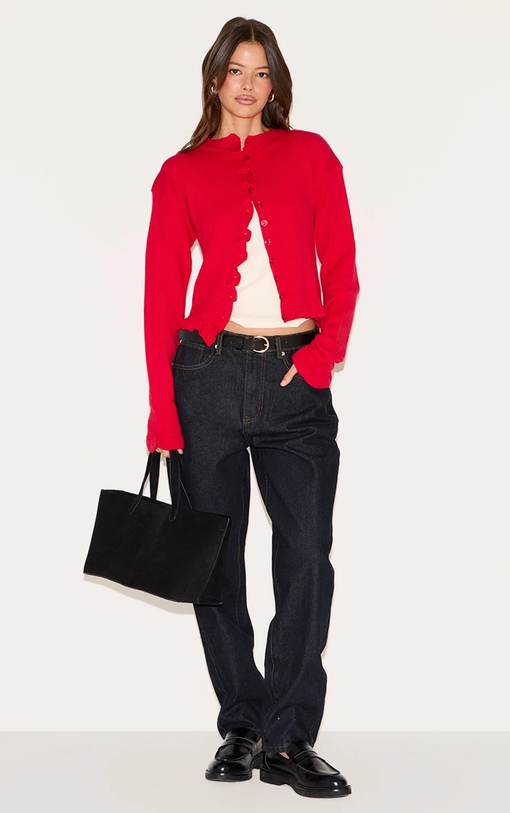 Prettylittlething Red Knit Ruffle Detail Cardigan 3 Prettylittlething Red Knit Ruffle Detail Cardigan - Image 3