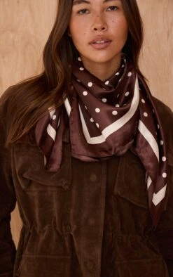 PrettyLittleThing Chocolate and Cream Polka Dot Satin Square Scarf