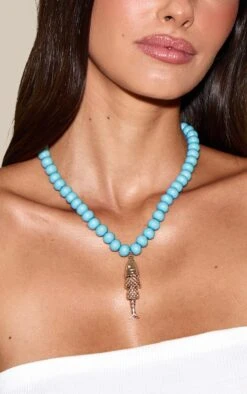 PrettyLittleThing Aqua Beaded Fish Pendant - Whimsical Summer Statement Necklace