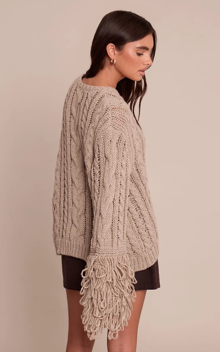 Taupe Cable Knit Loop Trim Sweater 2 Taupe Cable Knit Loop Trim Sweater - Image 2