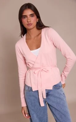 Prettylittlething Pink Pilates Wrap Knitted Cardigan