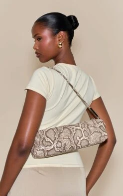 Prettylittlething Snake Print PU Silver Hardware Shoulder Bag
