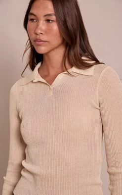 Prettylittlething Butter Cream Sheer Knit Polo Top