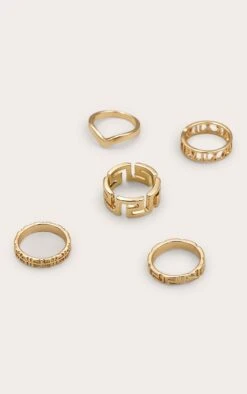 Prettylittlething Gold Assorted Cut-Out 5 Pack Ring Set – Stackable Recycled Zinc Jewelry