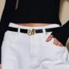 PrettyLittleThing Black PU Leather Belt with Hammered Gold Buckle – Adjustable Basic Belt