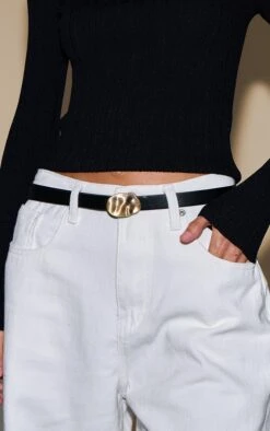 Prettylittlething Black PU Hammered Gold Buckle Belt