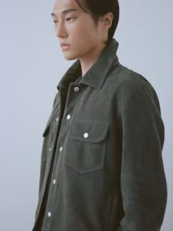 Dark Grey Supple Suede Trucker Jacket – Premium Leather Utility Outerwear with Silver Hardware 16 Dark Grey Supple Suede Trucker Jacket – Premium Leather Utility Outerwear with Silver Hardware -FRAME Clothing Shop 63381 L5 10 0008copy Suede trucker editorial 2