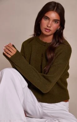 Prettylittlething Khaki Crew Neck Knit Cardigan