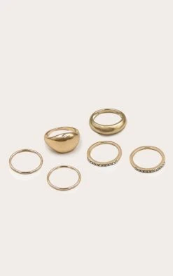 Prettylittlething Gold Simple Curved & Diamante 6-Piece Ring Pack – Stackable Jewelry Set