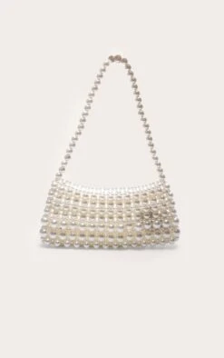 Prettylittlething White Pearl Beaded Shoulder Bag – Elegant Evening Mini Bag