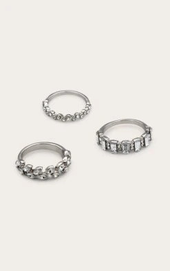 PrettyLittleThing Silver Diamante Baguette 3 Pack Ring Set - Stackable Crystal Bands