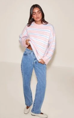 Prettylittlething Pink Striped Brushed Knit Sweater -FRAME Clothing Shop 696eb3ab0148687897aaea44e6723a443acc47ea cno9338 3 pink striped brushed knit jumper