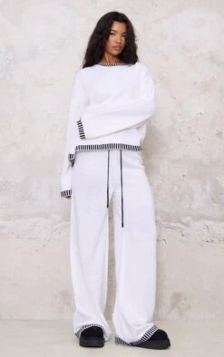 Prettylittlething White Contrast Stitch Detail Knit Drawstring Waist Pants